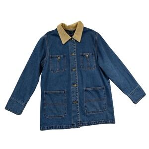 Outbrook Denim Chore Coat Women L Blue Plaid Lined Corduroy Collar